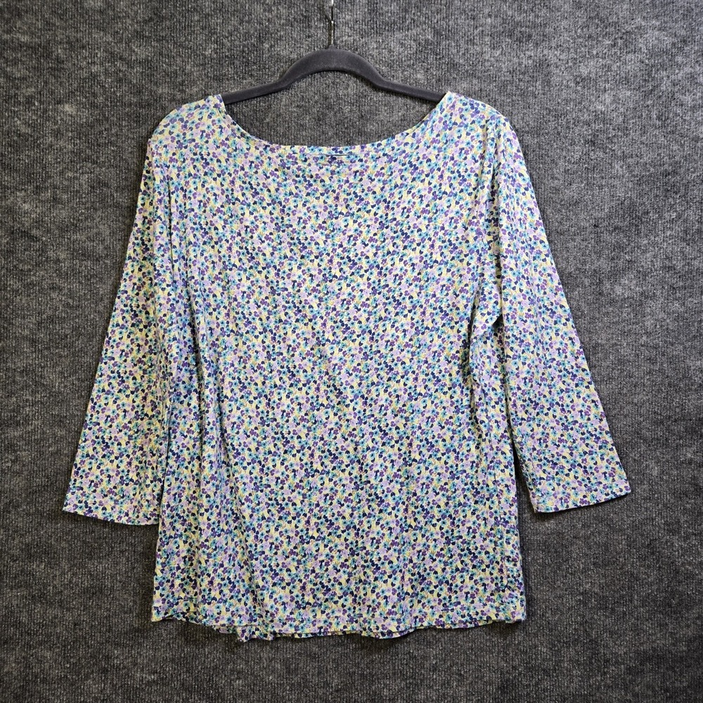 Talbots T Shirt Womens XL Blue Purple Ditzy Floral Cotton 3/4 Sleeve Everyday
